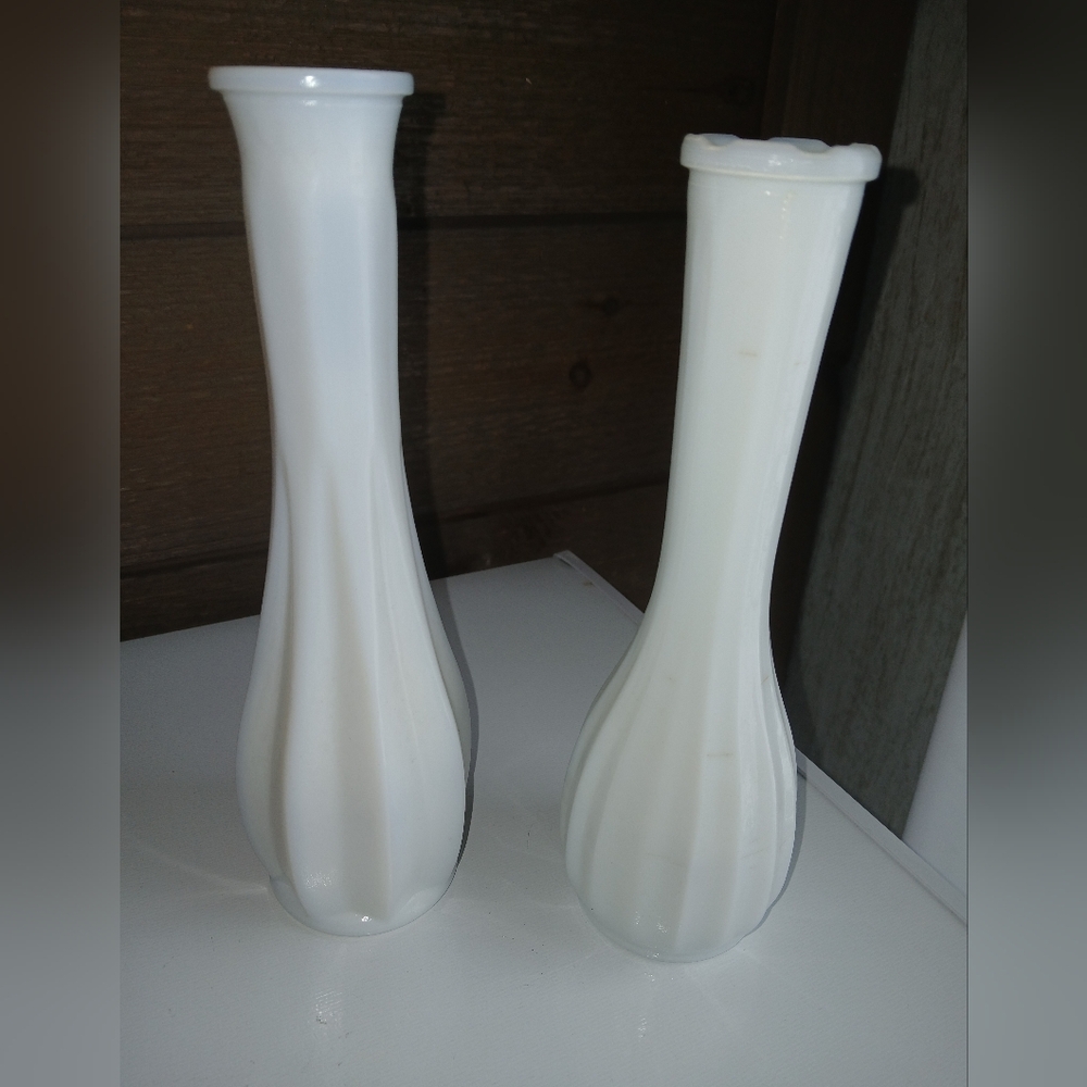 VINTAGE SET of White Milk Glass Flower Bud Vases 10" USA